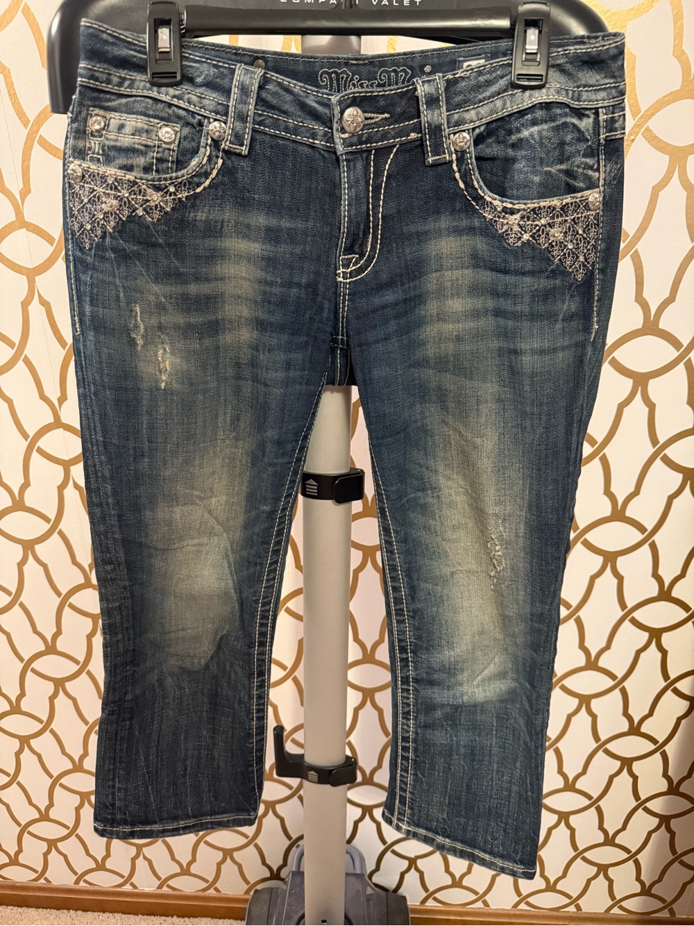 Miss Me Dark Blue Embroidered Crop Jeans Size 28